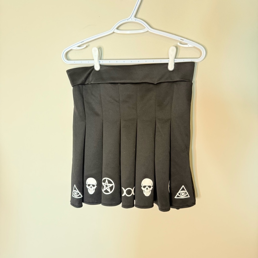 BODY RAGE Black Pleated Mini Skirt Occult Mystic Goth Skulls Festival Sz Large - Picture 9 of 12